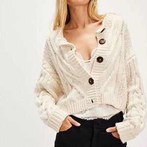 Free People Bonfire Cable Cardigan Large Cream Cropped Chunky Knit Cottagecore